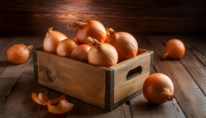 Wall Mural - Onions in a weathered wooden box