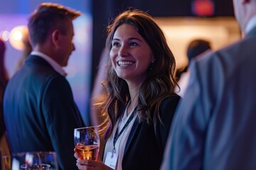 Business Professionals Networking at a Corporate Event with Name Badges and Cocktails