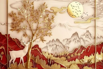 Wall Mural - 3d mural wallpaper. leaves tree, golden lines, Antique white deer and tree in red background. golden sun and red mountain, Generative AI