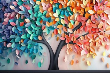 Wall Mural - Colorful tree with leaves on hanging branches illustration background. 3d abstraction wallpaper for interior mural wall art decor. Floral tree with multicolor, Generative AI