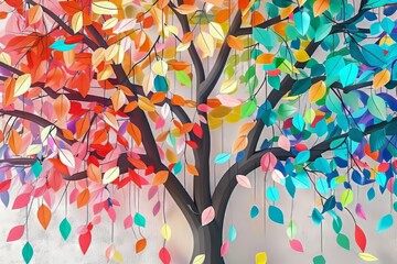 Wall Mural - Colorful tree with leaves on hanging branches illustration background. 3d abstraction wallpaper for interior mural wall art decor. Floral tree with multicolor, Generative AI