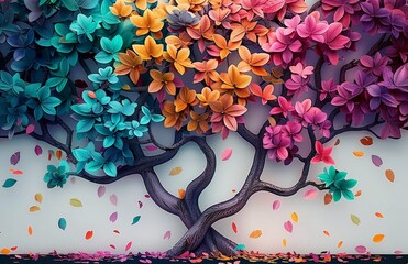 Wall Mural - Colorful tree with leaves on hanging branches illustration background. 3d abstraction wallpaper for interior mural wall art decor. Floral tree with multicolor, Generative AI