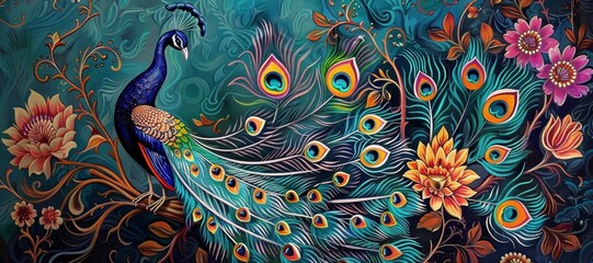 Sticker - colorful peacock wallpaper. colorful mural background. Generative AI