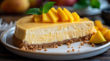 Canvas Print - mango cheesecake, indulge in a decadent mango cheesecake with a buttery graham cracker crust, perfect for those craving a sweet treat