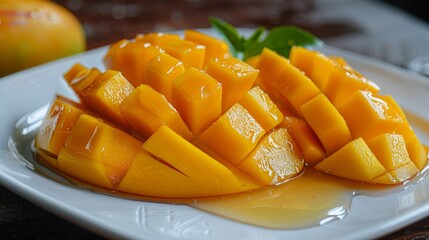 Canvas Print - fruit plating ideas, delicious mango slices topped with honey on a white plate, a lovely summer dessert choice ideal for hot days