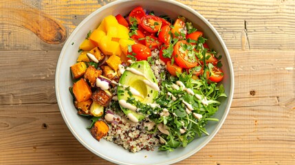 Wall Mural - Quinoa salad bowl with avocado and roasted vegetables on rustic wooden table