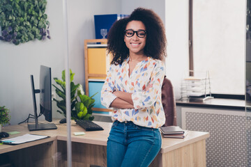 Canvas Print - Photo of pretty adorable cheerful woman wear trendy clothes working in office indoors workplace workstation