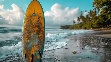 Wall Mural - Yellow and Blue Surfboard Standing on Sandy Beach With Waves