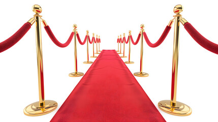 Red carpet with velvet rope barrier and gold poles in perspective view on white background
