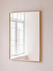 Vertical golden frame mockup close up on wall painted pastel pink color