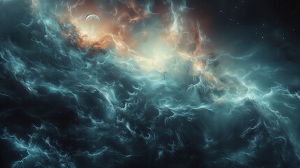 A Celestial Landscape of Swirling Nebulae and Distant Stars