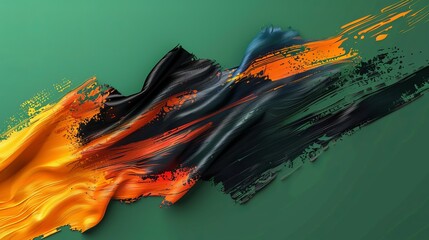 Wall Mural - Modern abstract painting showcasing striking orange and black brush strokes on a green background, creating a sense of movement and contrast.