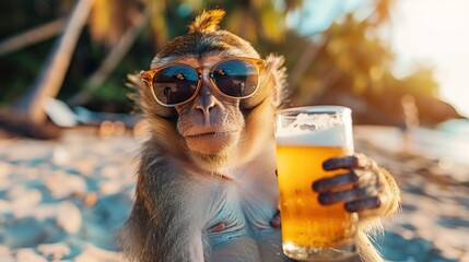 Canvas Print - Monkey on the beach enjoys a beer