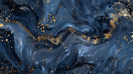 Wall Mural - This abstract image showcases a marbled pattern in deep blue and black shades highlighted by luxurious golden splatters, evoking a sense of sophistication and fluid motion.