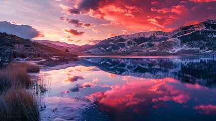 Wall Mural - A captivating scene with a mirror-like lake reflecting a fiery orange sky during the evening, surrounded by mountains and sparse vegetation, presenting a majestic natural beauty.