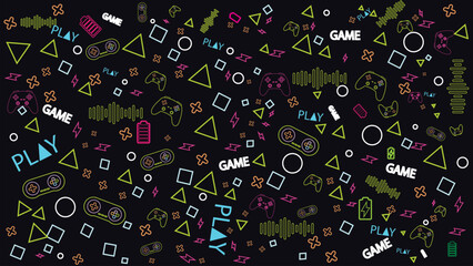 Game background with gamepad, joystick geometric pattern and graphic elements. Outline neon design vector illustration