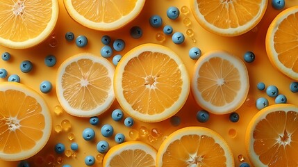 Sticker - Fresh Orange Slices and Blueberries on Yellow Background