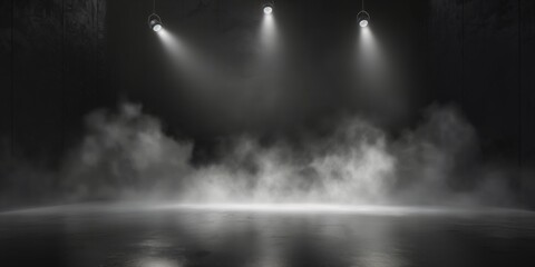 Wall Mural - illustration of a black abstract empty background with neon lights and smoke inside. empty black stu