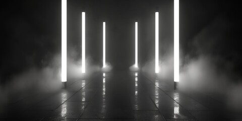 Wall Mural - illustration of a black abstract empty background with neon lights and smoke inside. empty black stu