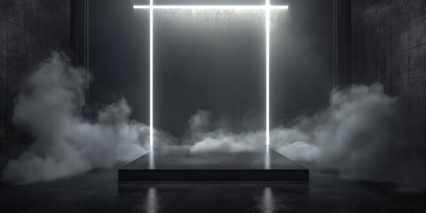 Wall Mural - illustration of a black abstract empty background with neon lights and smoke inside. empty black stu