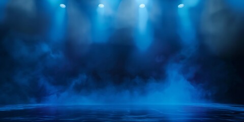 Wall Mural - illustration of a blue abstract empty background with neon lights and smoke inside. empty blue studi