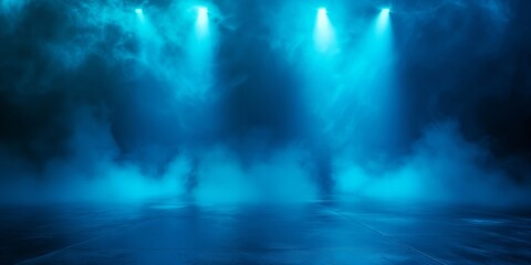 Wall Mural - illustration of a blue abstract empty background with neon lights and smoke inside. empty blue studi