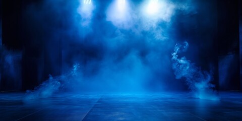 Wall Mural - illustration of a blue abstract empty background with neon lights and smoke inside. empty blue studi