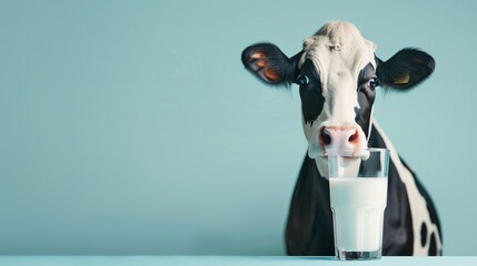 Poster - A black and white cow peers over a glass of milk placed on a blue backdrop, creating a visually appealing representation of farm life and dairy production.