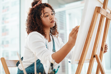 Aufkleber - Student, African woman and drawing in art class with canvas for university project, inspiration or education. Workshop. talent and person with easel for sketch, painting or creativity in studio