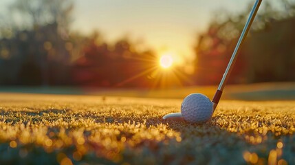 Wall Mural - a golf club and ball are perfectly poised on a green, with the rising sun creating a soft, warm glow