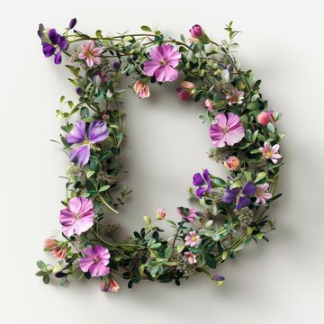 Elegant shot of text Letters ‘D’ crafted in flowers on a clean. A beautiful flower arrangement forming the letter 'D'.