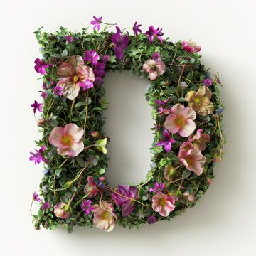 Elegant shot of text Letters ‘D’ crafted in flowers on a clean. A beautiful flower arrangement forming the letter 'D'.