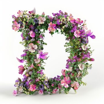 Elegant shot of text Letters ‘D’ crafted in flowers on a clean. A beautiful flower arrangement forming the letter 'D'.