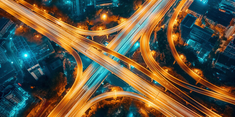 Poster - Complex highway interchange connecting traffic flow at night