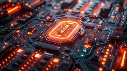 Poster - close up of a glowing processor on a circuit board