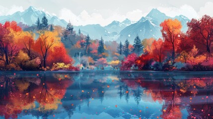 Wall Mural - autumn lake reflections, a calm sketch of a lake mirroring the autumn hues, surrounded by trees in fiery shades, a peaceful oasis within natures fall colors