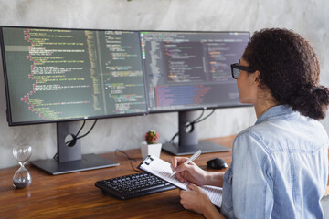 Poster - Profile photo of young girl professional hacker write clipboard loft interior modern office indoors