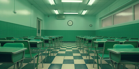 Poster - Empty classroom with green desks and checkered floor awaiting students