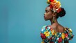 © Olivia - Model posing in floral pattern dress on blue background