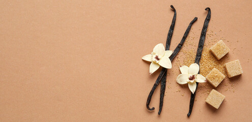 Wall Mural - Aromatic vanilla sugar, flowers and sticks on brown background