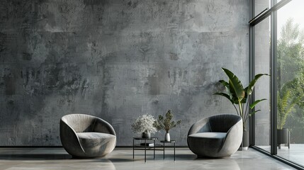 Elegant interior with grey mock-up wall and sleek armchairs, ideal for modern home decor