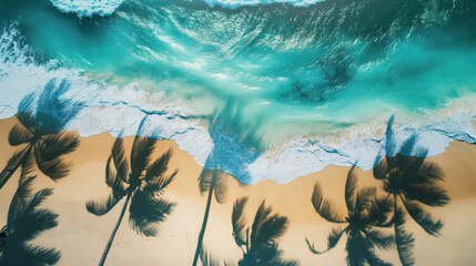 tropical beach with palm tree  shadows and turquoise ocean tides, top view  