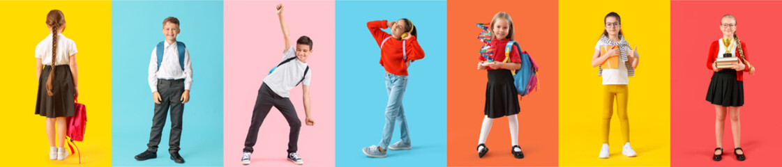 Poster - Set of cute schoolchildren on color background