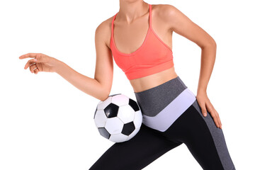 Poster - Beautiful young sporty woman with soccer ball isolated on white background, closeup