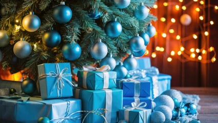 Wall Mural - A christmas tree with presents under it and blue boxes, AI