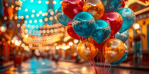 Colorful balloons at funfair event.