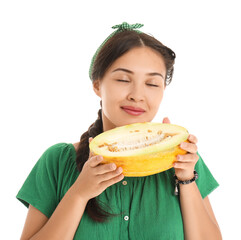 Sticker - Beautiful young Asian woman with half of fresh melon isolated on white background