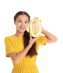 Sticker - Beautiful young Asian woman with half of fresh melon isolated on white background