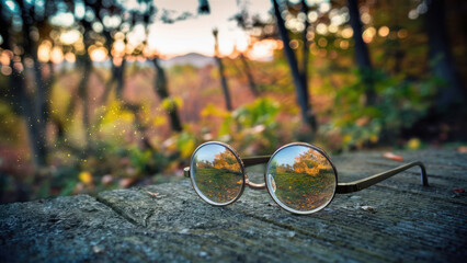 Poster - A pair of sunglasses on a table with trees in the background, AI