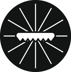 Poster - black and white icon of a circular saw cutting wood, emitting stylized rays of light
